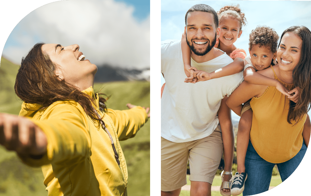 Woman enjoying nature; happy family outdoors.