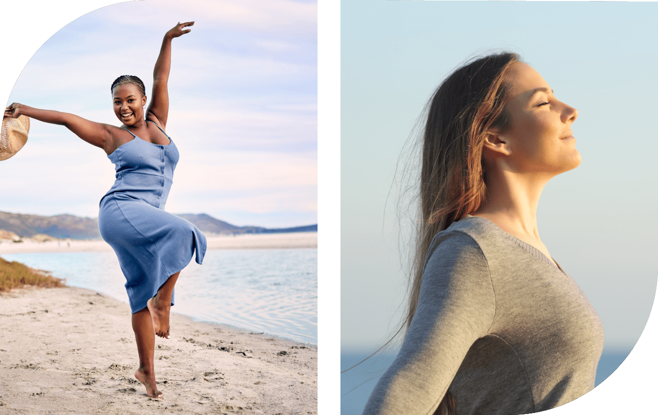 Two women enjoying the outdoors by water.