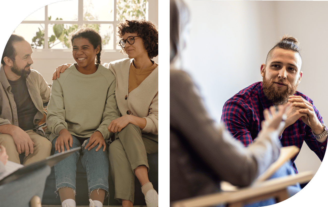 People talking and smiling in two scenes.