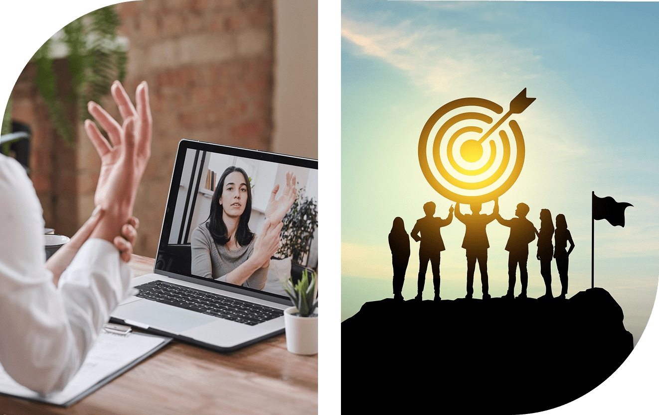 Video call and teamwork success silhouette scene.