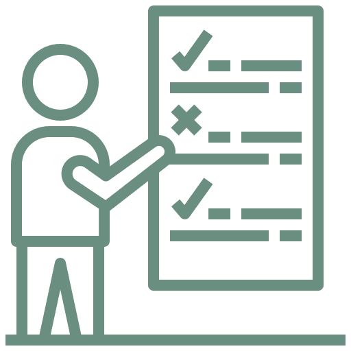 Person presenting checklist with checkmarks and cross.
