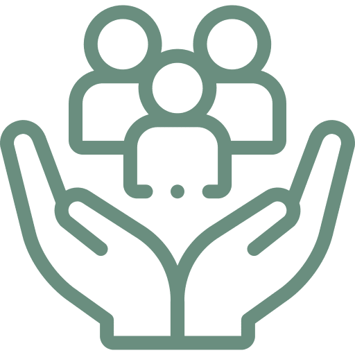 Hands holding three abstract people icons.